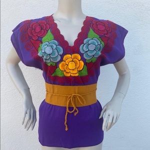 MEXICAN EMBROIDERED BLOUSE with BELT SIZE SMALL
